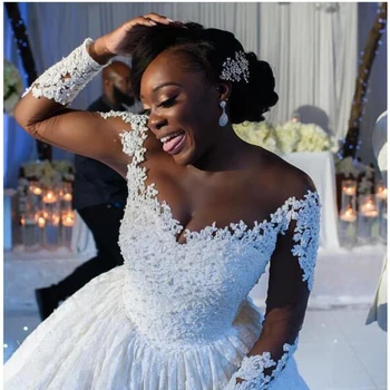 2020 Африканские Белые Свадебные Платья Плюс Размер Бисерные Аппликации Для Свадебных Платьев Бальное Платье С Длинными Рукавами Кружевные Свадебные Платья