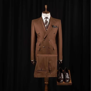 STEVDITG Коричневый Элегантный мужской костюм, блейзер, двубортный, обычной длины, роскошный пиджак из 2 предметов, брюки, приталенный костюм, блейзер