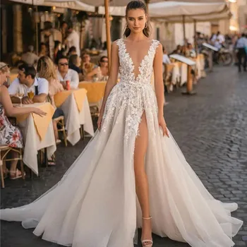 Кружевные свадебные платья в стиле бохо Для элегантного платья трапециевидной формы без рукавов с 3D аппликацией, платье невесты с разрезом сбоку, сексуальное платье без спинки