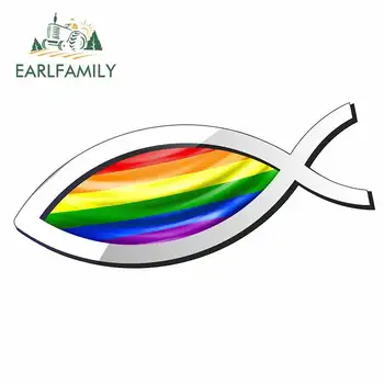 EARLFAMILY 13см х 6,1 см Христианский Символ Рыбы Ichthys Icthus с Флагом ЛГБТ-гей-Прайда Наклейка на Автомобильное Зеркало Заднего Вида