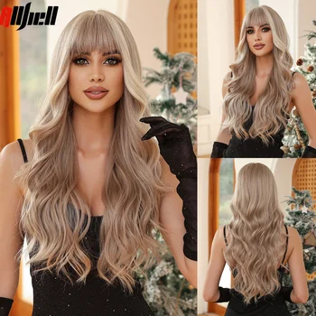 Синтетический парик пепельного блонда для женщин, афро-длинный волнистый парик для ежедневного косплея с челкой, Натуральные термостойкие волосы