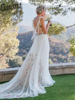 Свадебное платье с цветочным узором для женщин 2023, V-образный вырез, бретельки-спагетти, Открытая спина, Кружевные аппликации, платья для новобрачных, Vestido de Novia