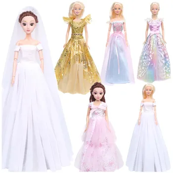 Бальное платье из ткани для куклы принцессы Элегантная многослойная юбка Праздничная одежда Фата Длинное свадебное платье для куклы Барби Аксессуары Много стилей