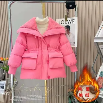 Детская пуховая и ватная куртка средней длины, розово-черная детская зимняя одежда, утепленная куртка с хлопковой подкладкой