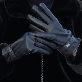 H9948 Перчатки из искусственной кожи Мужские Черные варежки Осень Зима Езда на мотоцикле Теплая толстая Ветрозащитная Водонепроницаемая муфта для рук с сенсорным экраном