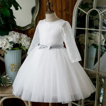 Детское простое белое платье в цветочек для девочек, тюлевые платья с длинным рукавом на день рождения, Многоуровневое бальное платье с круглым вырезом и бантом для детей от 2 до 12 лет