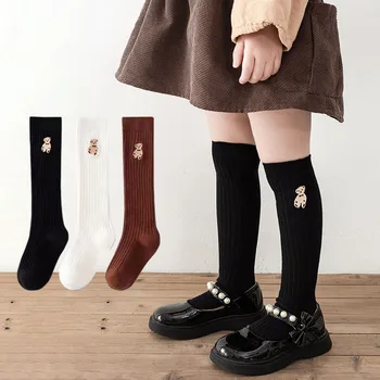 Модные детские гольфы для девочек с вышивкой мультяшного медведя Хлопчатобумажные носки для девочек с длинным рукавом Детские школьные носки