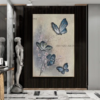Ручная Роспись Цветок Бабочка Картина Маслом на Абстрактном Синем Художественном Плакате Картина для Декора Стен Гостиной