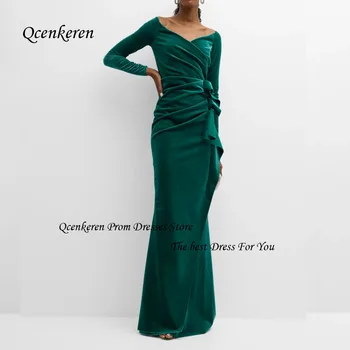 Qcenkern Темно-зеленое платье для выпускного вечера с V-образным вырезом, Велюровое вечернее платье 