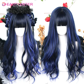 Синтетический парик Лолита парик Синий с изюминкой черный крупные волнистые локоны Натуральные длинные волосы локоны Для Косплея С Челкой