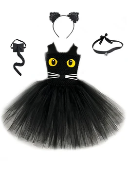 Костюм черного кота для девочек, вечеринка по случаю Дня рождения малыша, необычное платье-пачка, лента для волос, галстук-хвост, детские костюмы для косплея животных на Хэллоуин