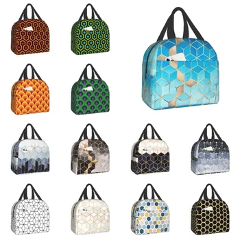 Роскошные абстрактные кубики с геометрическим рисунком, изолированная сумка для ланча для женщин, портативный термоохладитель, коробка для бенто, походные дорожные сумки