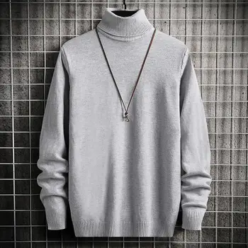 Легкий мужской пуловер, мужской свитер с высоким воротом на флисовой подкладке, теплый вязаный пуловер, приталенный однотонный осенний