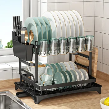Двухслойная кухонная подставка для слива посуды, органайзер для бытовой посуды, корзина для лотков с клеткой для палочек для еды.