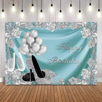 Синий фон для Дня рождения, Серебристые цветы, фон для фотографий с шампанским на высоком каблуке, студийная фотосессия, блестящие воздушные шары, баннер на тему для взрослых