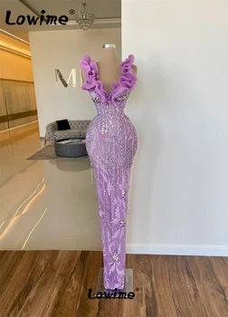 Фиолетовые вечерние платья с прямыми оборками от Haute Couture 2023, глубокий V-образный вырез, кристаллы, бусы и камни, Элегантное вечернее платье, платья для выпускного вечера