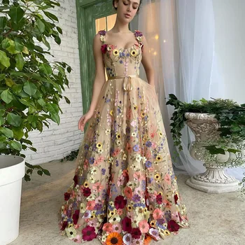 2023 Изысканные 3D цветы, вечерние платья трапециевидной формы на бретелях с цветочным узором в виде сердца, вечернее платье с карманами, Vestidos De Gala