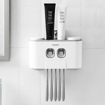 Настенный дозатор зубной пасты, подставка для слива зубных щеток, Многофункциональный стеллаж для хранения туалетных принадлежностей, набор аксессуаров для ванной комнаты