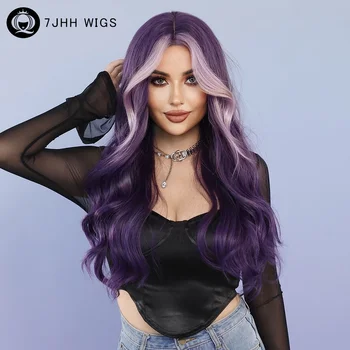 Синтетический волнистый темно-фиолетовый парик для тела высокой плотности для женщин, повседневные парики для вечеринок, длинные вьющиеся волосы, парики с челкой, термостойкие