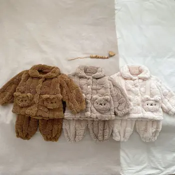 Осенне-зимний новый детский домашний костюм, плюшевое пальто с милым медведем, детские плюшевые пижамы, комплекты из двух предметов