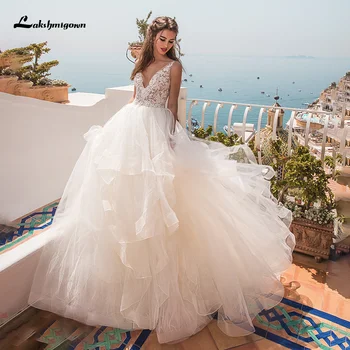 Свадебное платье трапециевидной формы Lakshmigown с V-образным вырезом и элегантными аппликациями на спине, платье принцессы Невесты, пляжное свадебное платье Vestido De Noiva