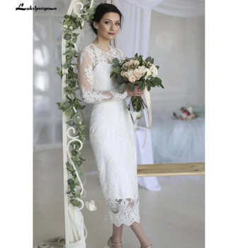 Летнее свадебное платье-футляр длиной до щиколоток С кружевными аппликациями и разрезом на спине