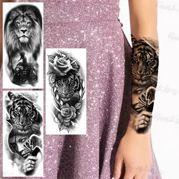 Большие временные татуировки с черным Цветком Тигра для женщин и мужчин, Реалистичный Рыцарь-Лев, Водонепроницаемая Поддельная татуировка, наклейка на руку, Тату на бедро