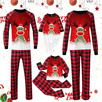 Одинаковые пижамные комплекты для семьи, Рождественские топы с рисунком лося с длинным рукавом + брюки в клетку, осенняя домашняя одежда для сна, Рождественская одежда