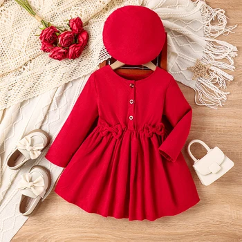 Однотонное платье для маленьких девочек, детское мини-платье на пуговицах с длинным рукавом и бантом, украшенное шляпой, Платье с рюшами на круглой шее