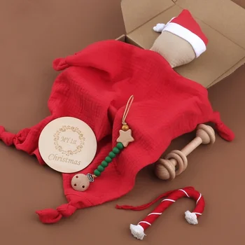 5шт Рождественский подарок для новорожденных, Хлопковое Полотенце для успокоения младенца Санты, Силиконовые зажимы для соски, Цепочка, Деревянная игрушка-погремушка