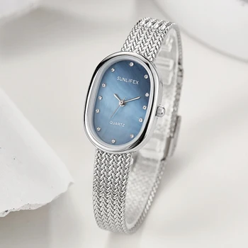 Овальные часы для женщин, кварцевые наручные часы, роскошные женские часы с бриллиантами, нержавеющая сталь, синяя полоска, зеленый циферблат, ретро Reloj