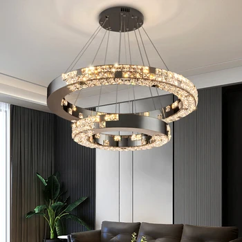 Черная люстра для гостиной, кольцевой хрустальный подвесной светильник, роскошный домашний декор, потолочный светильник lustre cristal для спальни