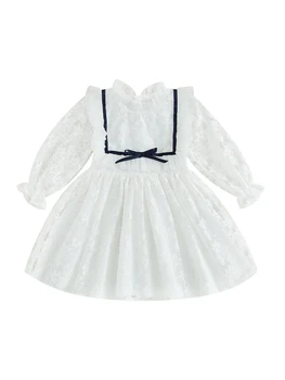 Вечернее платье с цветочным кружевом для маленькой девочки с длинным рукавом, воротником-рюшами и бантом спереди