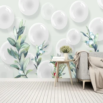 Изготовленный на заказ любого размера Современный 3D белый сферический шар, Листья растений, фотообои, Нетканые обои, фон для телевизора в гостиной, декор стен