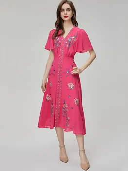 Модное женское весенне-летнее платье, пуловер с V-образным вырезом, облегающее платье с вышивкой, повседневное