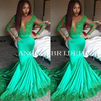 Вечерние платья Angelsbridep Green Mermaid в Африканском стиле с аппликацией на шее и длинным рукавом, вечернее платье для чернокожей девушки