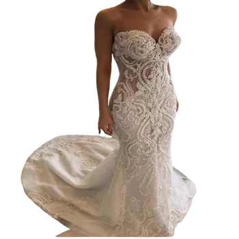 Роскошные Прозрачные Кружевные Свадебные платья Русалки с бисером, шлейф для часовни, большие размеры свадебных платьев в стиле милой девушки