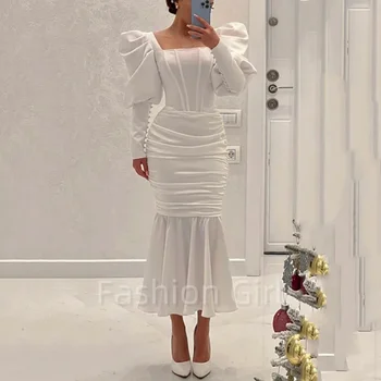 Простые Белые вечерние платья Русалочки с длинными рукавами и корсетом в складку Женские длинные платья для выпускного вечера в Дубае для официальных случаев