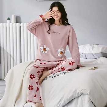 Женский пижамный комплект, топ с длинными рукавами, брюки, простая домашняя одежда в прекрасном стиле, мягкая повседневная одежда для сна на открытом воздухе ouc1080