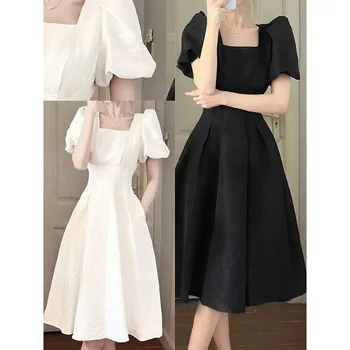 Летнее женское изящное белое платье миди 2023, Корейское винтажное вечернее платье с квадратным воротником, черное платье, женские простые платья в стиле джокер