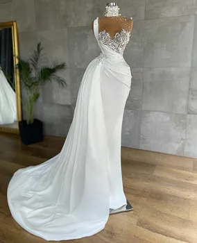 Свадебное платье с жемчугом и белой русалочкой, Кружевные аппликации, свадебные платья, платье невесты без рукавов с высоким воротом, Vestido de novia