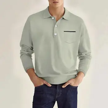 Мужская рубашка, эластичный топ, мужская весенняя рубашка с отложным воротником, накладной карман с длинным рукавом, однотонный пуловер, пуговицы средней длины