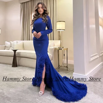 Королевское синее арабское вечернее платье, платья для выпускного вечера в стиле русалки, длинные рукава, круглый вырез, шлейф, арабское вечернее платье, халат De Soiree