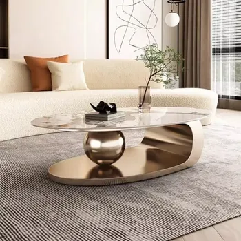 Скандинавский минималистичный журнальный столик с овальной каменной плитой из нержавеющей стали для домашней гостиной с несколькими журнальными столиками.