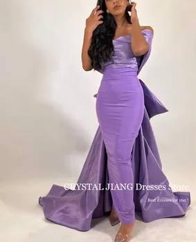 Длинные Фиолетовые Вечерние платья из атласа с открытыми плечами и бантом, Облегающие, Со Стреловидным шлейфом, Vestidos De Gala Mujer