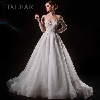 Роскошное свадебное платье Tilxlear с фатиновыми аппликациями, v-образным вырезом, длинными рукавами и пуговицами, платья для официальных мероприятий 2023 Vestido De Noiva