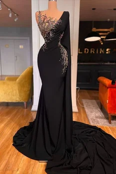 Роскошные черные платья для выпускного вечера в стиле Русалки с длинными рукавами, блестящие женские Атласные Длинные вечерние платья на заказ