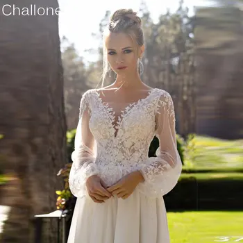 Современные свадебные платья Challoner с длинными пышными рукавами и разрезом сбоку, с V-образным вырезом, с аппликацией, на шнуровке, свадебные платья без спинки, Vestido De Noiva