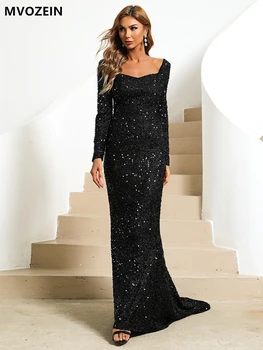 Элегантное женское платье с блестками, длинные вечерние платья 2023, вечерние платья с квадратным длинным рукавом, платье для выпускного вечера