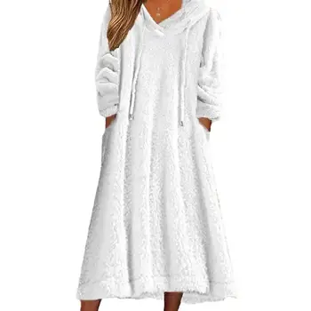 Женское платье, теплое плюшевое платье, платье-толстовка с капюшоном и завязками с длинным рукавом, с карманами, осень-зима